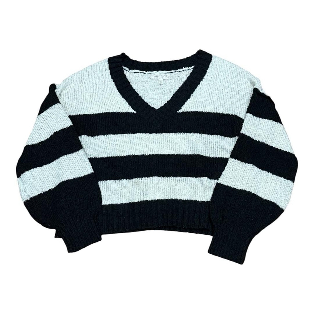 Wild Skye Sweater Womens XL Black White Striped V Neck Pullover Soft Knit